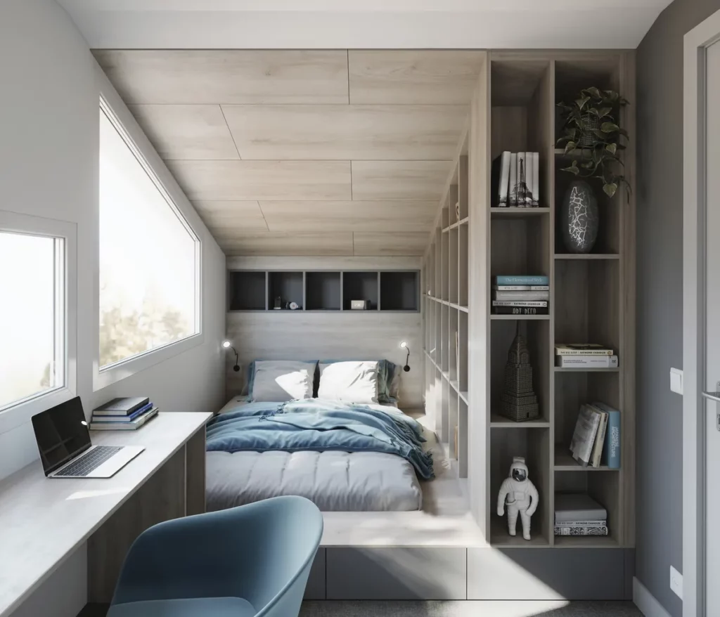 Bureau et chambre d'étudiant optimisés : Aménagement compact sous combles avec lit, bureau de travail et grande bibliothèque en bois clair intégrée.