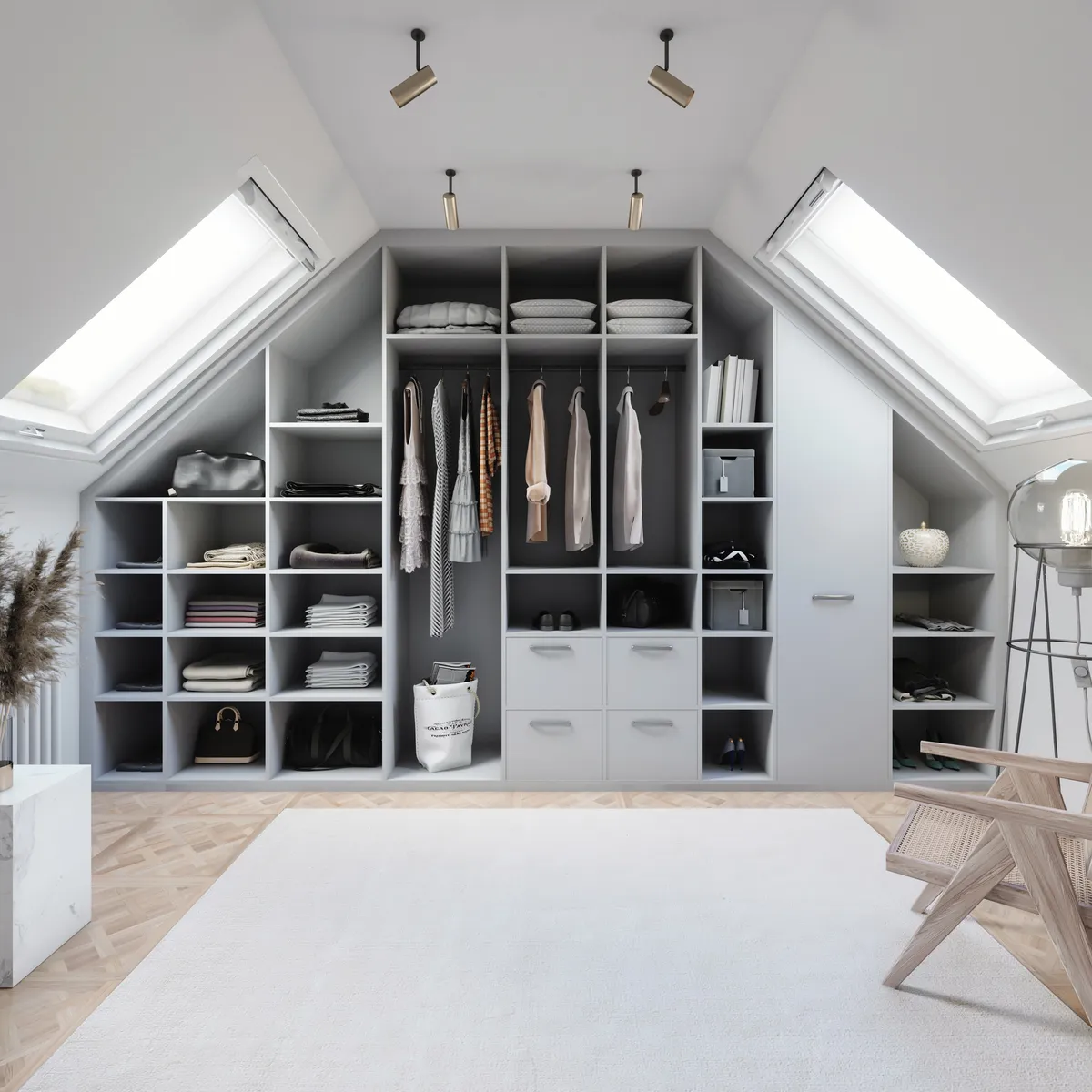 Grand dressing ouvert gris clair sous pente avec étagères intégrées, penderies et tiroirs pour combles aménagés.