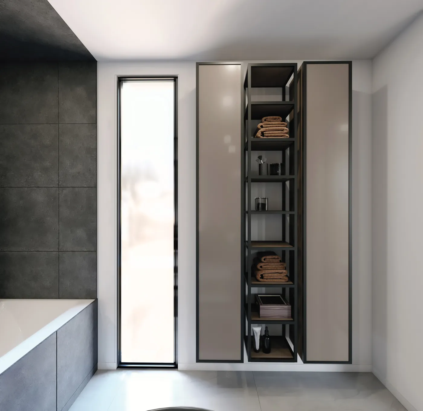 Colonnes de rangement suspendues design pour salle de bain avec étagères ouvertes centrales et façades beiges.