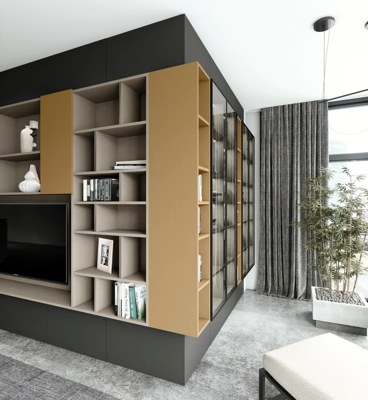 Aménagement d'angle sur mesure avec bibliothèque ouverte en bois clair, niches grises et meuble TV intégré.