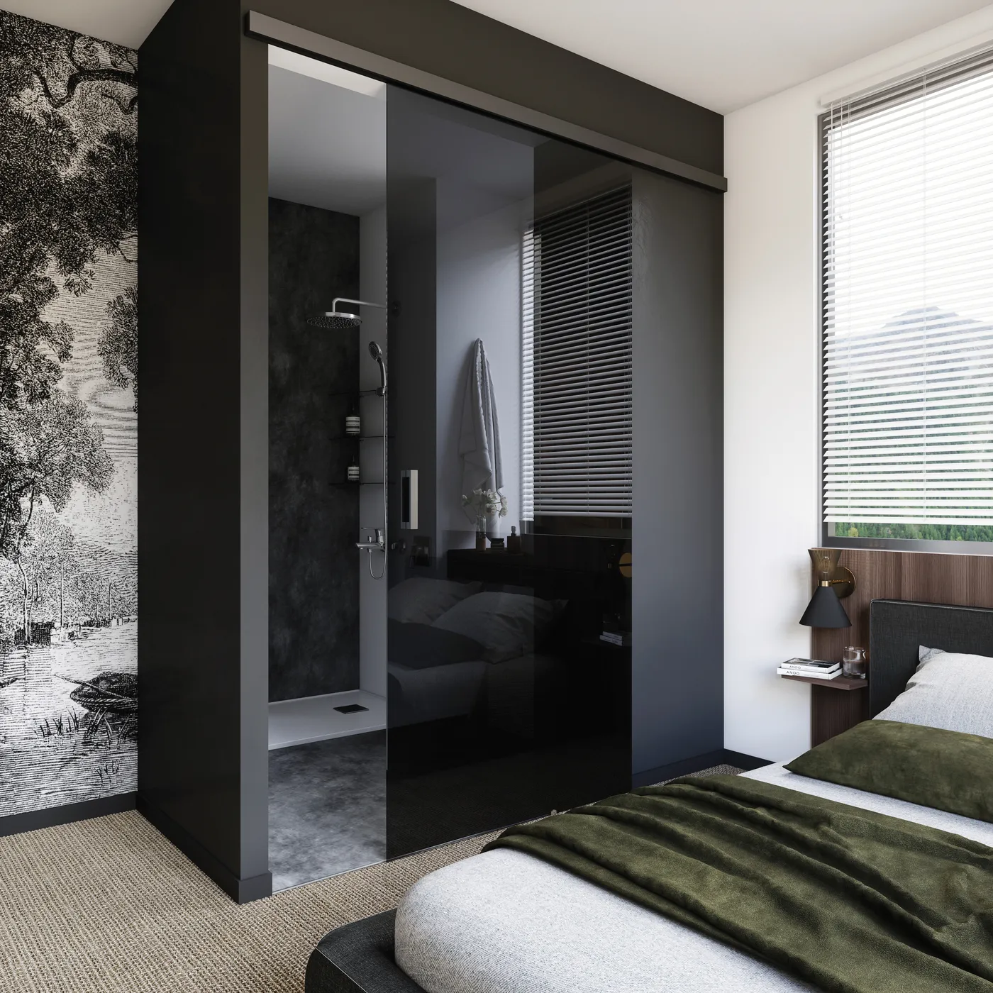 Paroi de douche vitrée noire : Cabine de douche moderne avec vitrage teinté noir et encadrement sombre, créant une séparation élégante dans la chambre parentale.