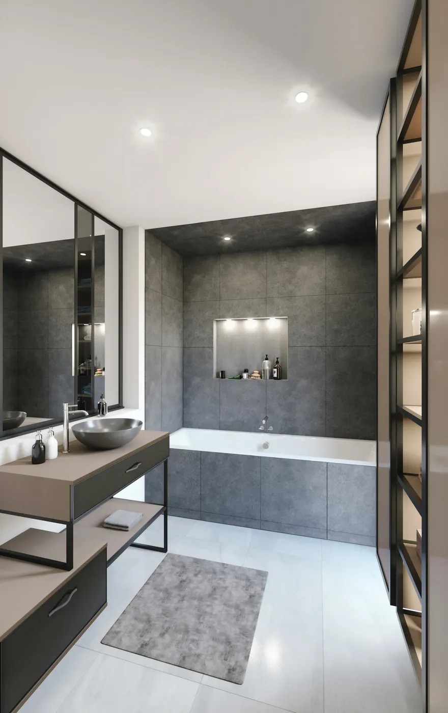 Salle de bain contemporaine minérale : Espace douche et baignoire avec carrelage gris anthracite, meuble vasque en bois et paroi vitrée.