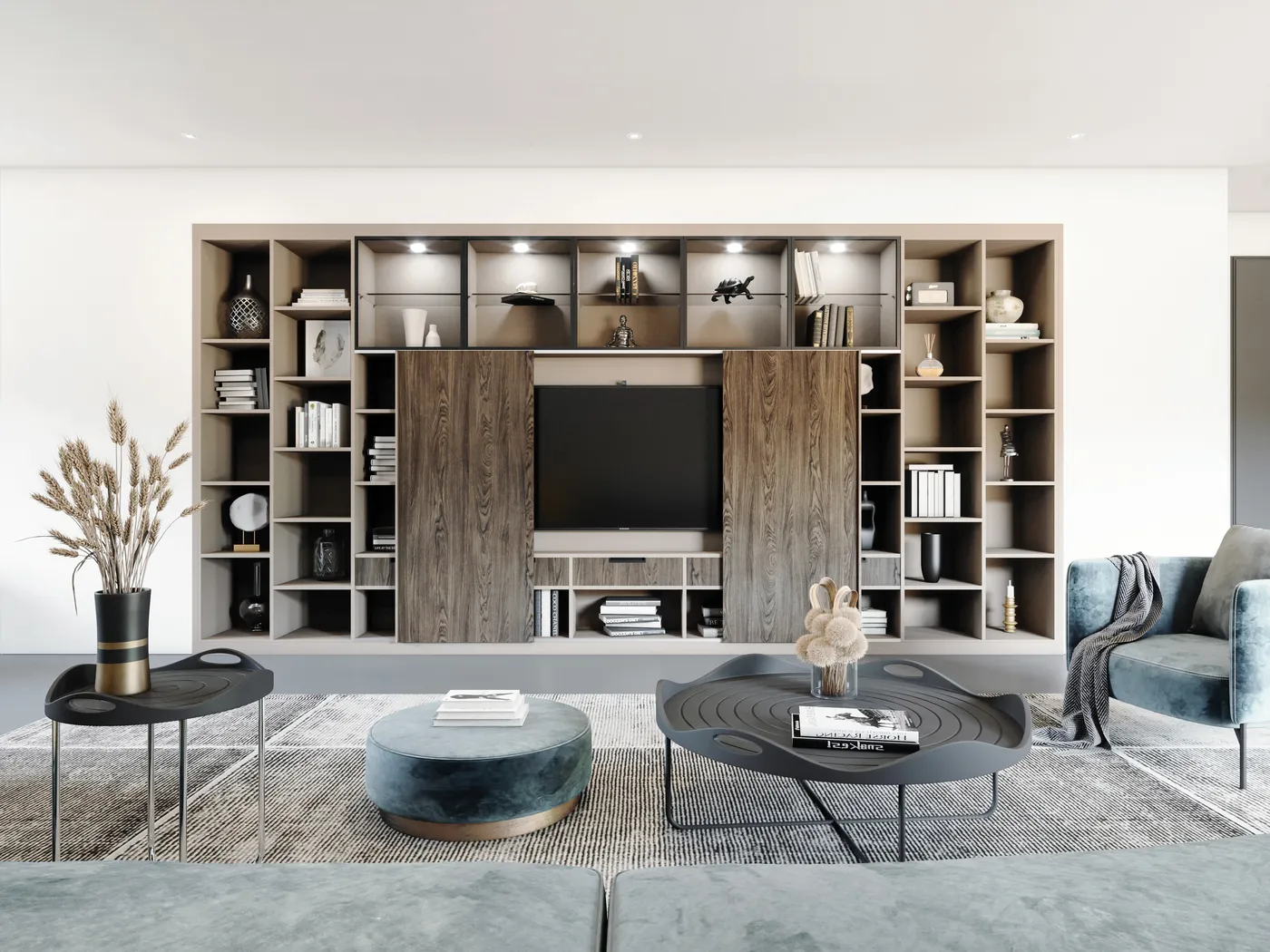 Ensemble mural de salon en bois : Grande bibliothèque sur mesure en bois naturel encadrant un espace TV dans un salon lumineux.