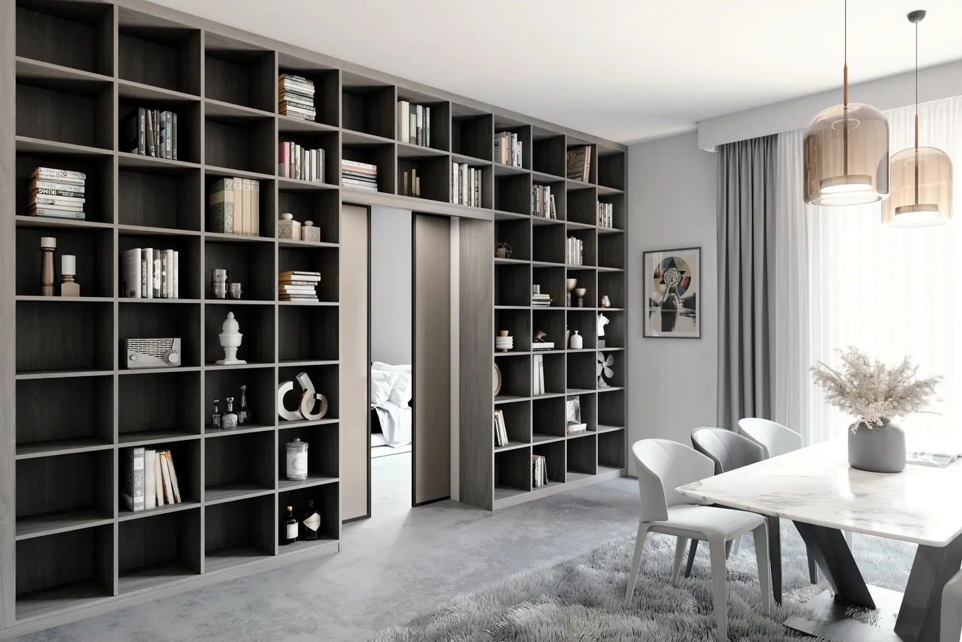 Grande bibliothèque de salle à manger : Bibliothèque monumentale noire occupant tout un mur dans une pièce de vie spacieuse avec table à manger blanche.