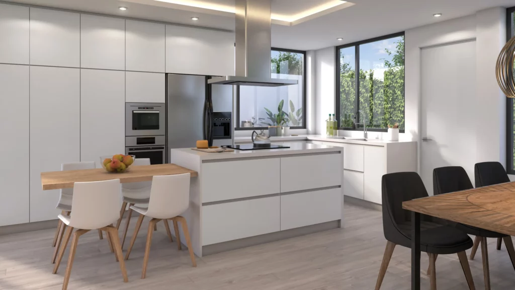 Cuisine ouverte moderne et lumineuse : Réalisation Venidom avec îlot central blanc, table de salle à manger en bois intégrée et grandes baies vitrées.