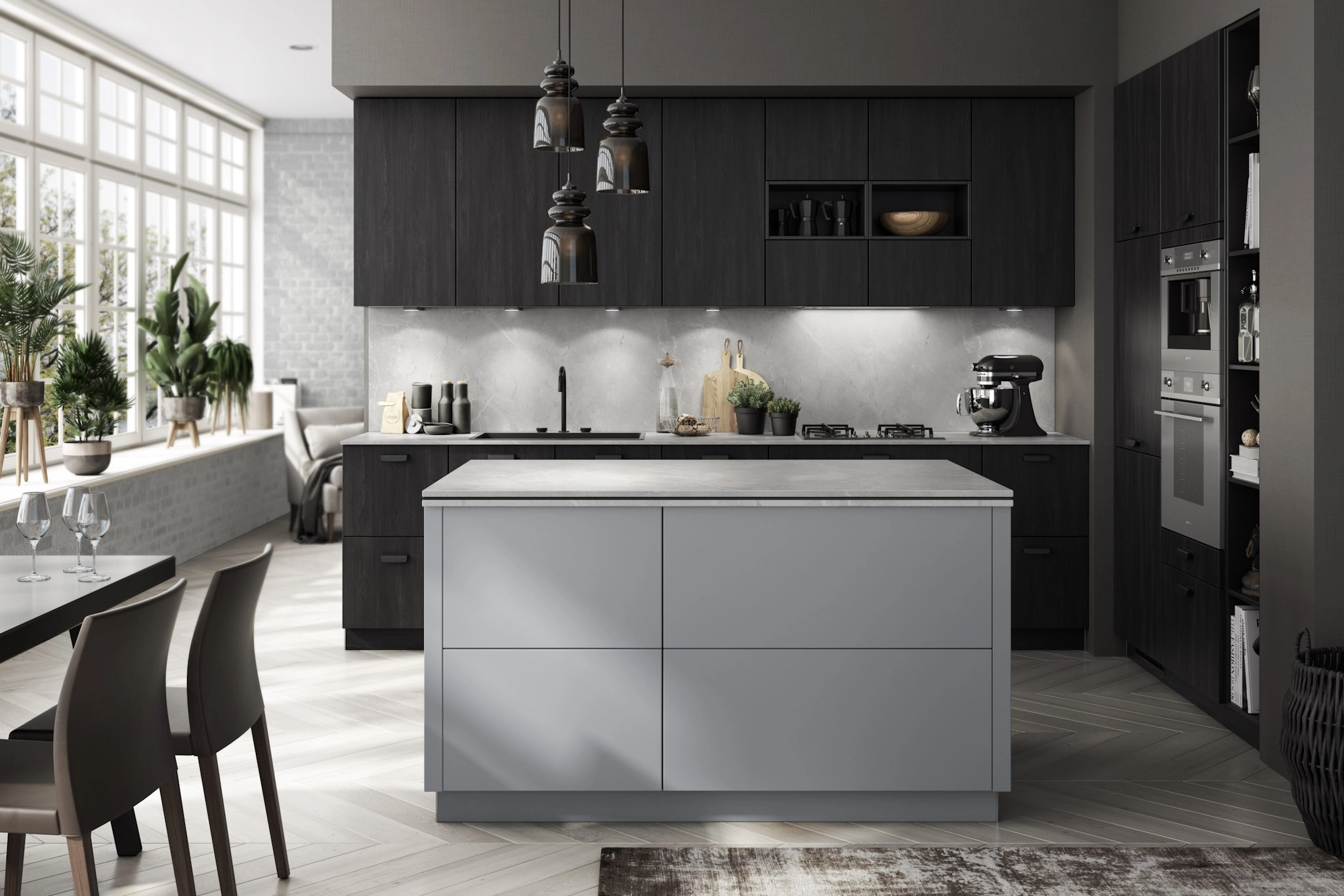 Cuisine moderne noire mate avec îlot central gris clair, luminaires suspendus design et grande fenêtre lumineuse.