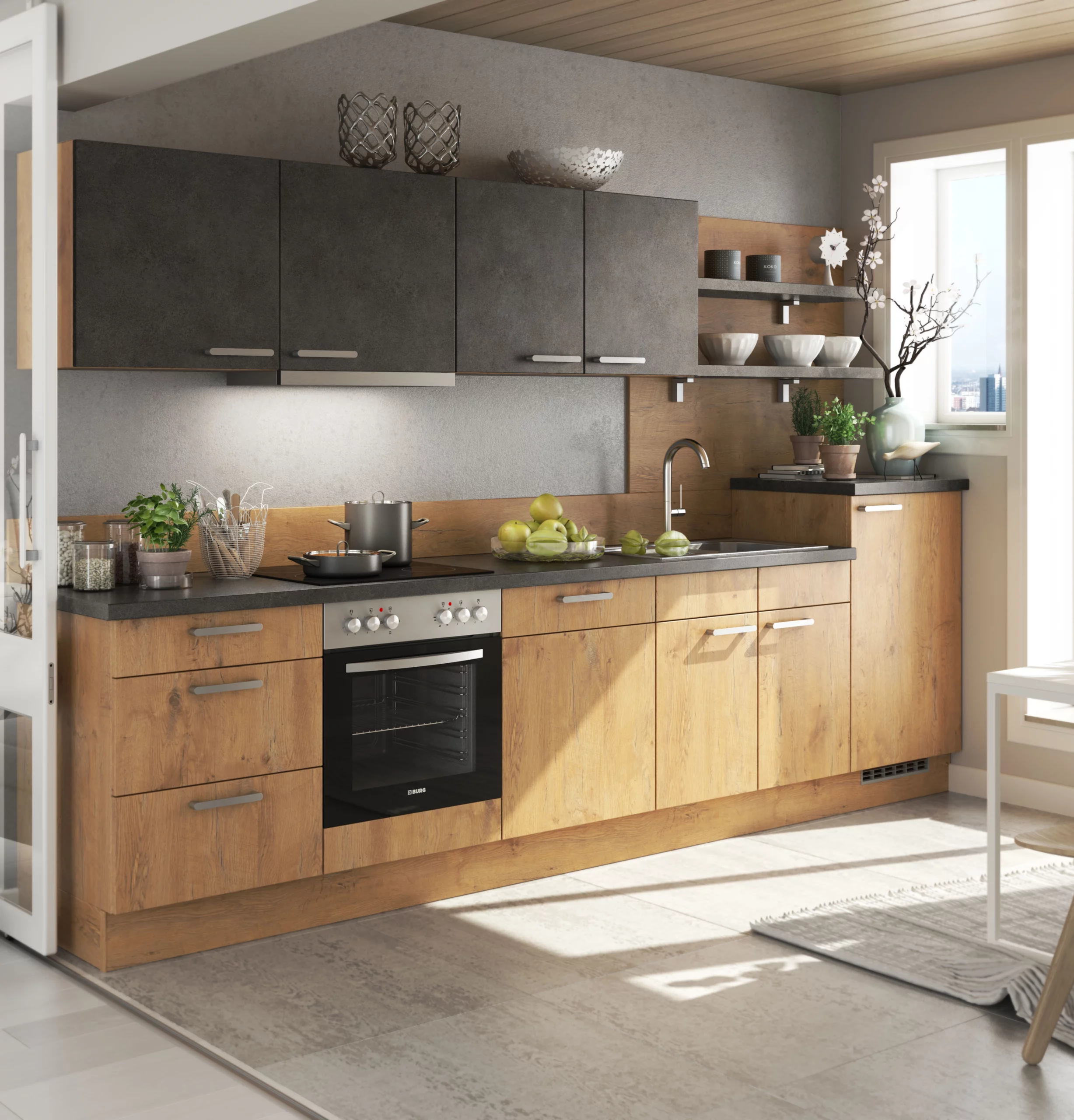 Cuisine linéaire moderne en bois clair avec meubles hauts gris anthracite, four encastré et plan de travail sombre.