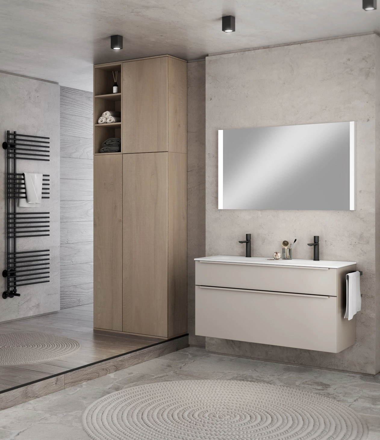 Salle de bain moderne beige avec meuble vasque suspendu, grande colonne de rangement en bois clair et miroir rétroéclairé.
