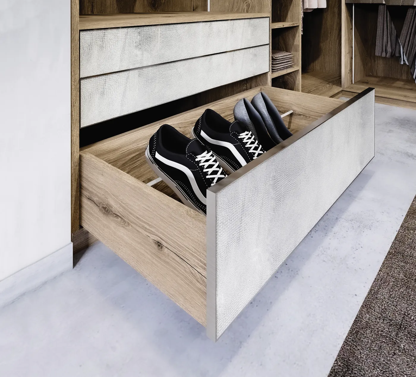Tiroir de dressing sur mesure pour chaussures avec façade effet béton clair et structure en bois.