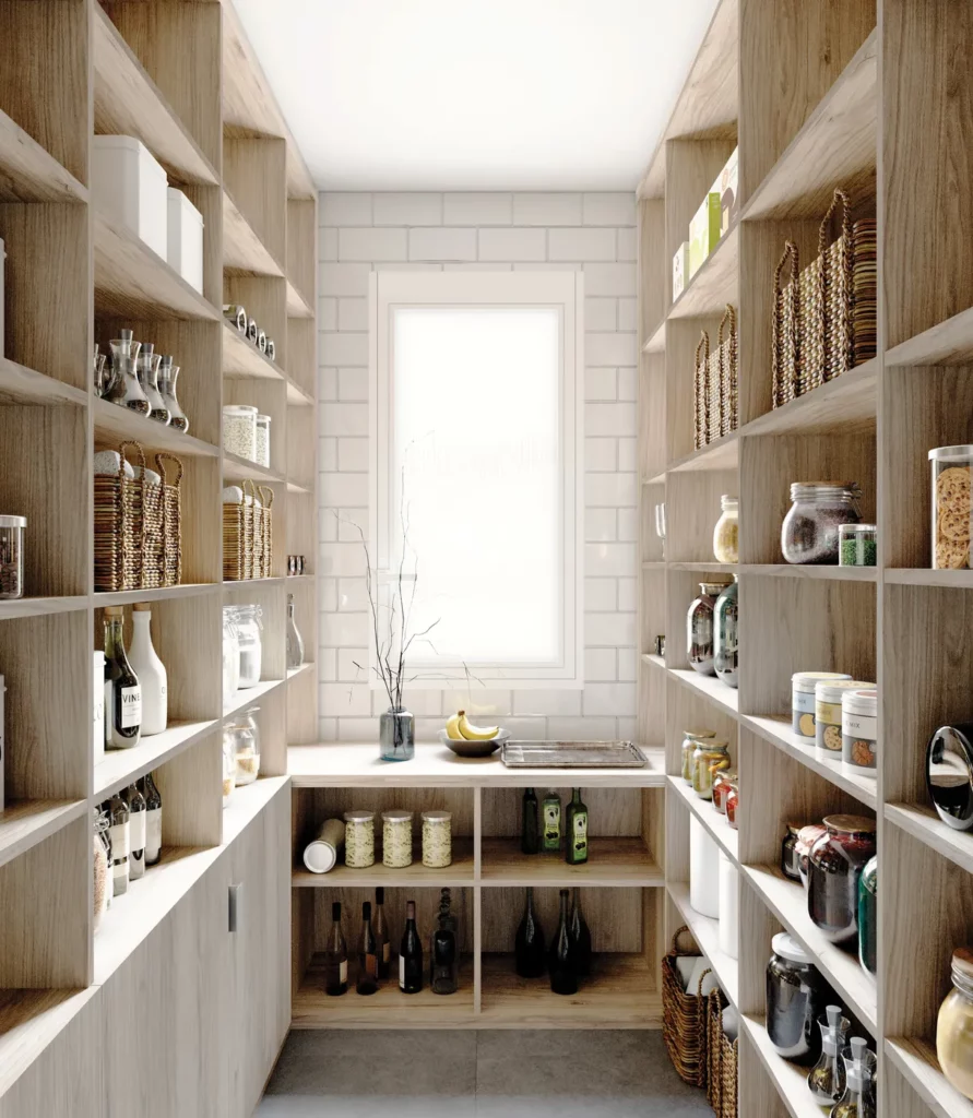 Garde-manger et cellier bois : Rayonnages ouverts en bois clair optimisant tout l'espace du sol au plafond pour le stockage alimentaire.