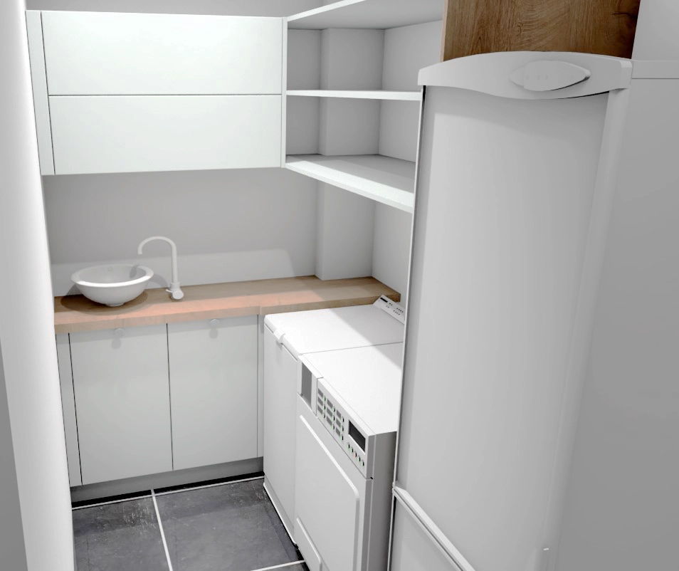 Aménagement de buanderie moderne avec meubles blancs laqués, plan de travail en bois clair, évier vasque rond et espace dédié pour lave-linge et sèche-linge encastrés.