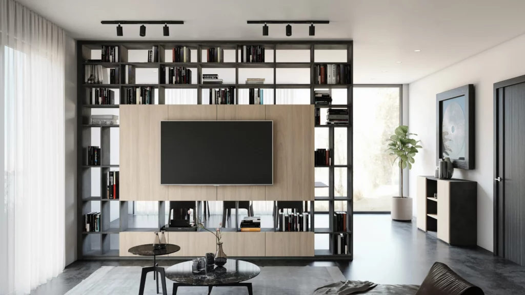 Meuble TV et bibliothèque design : Ensemble mural de salon sur mesure associant bois clair et structure noire avec niche pour écran plat.