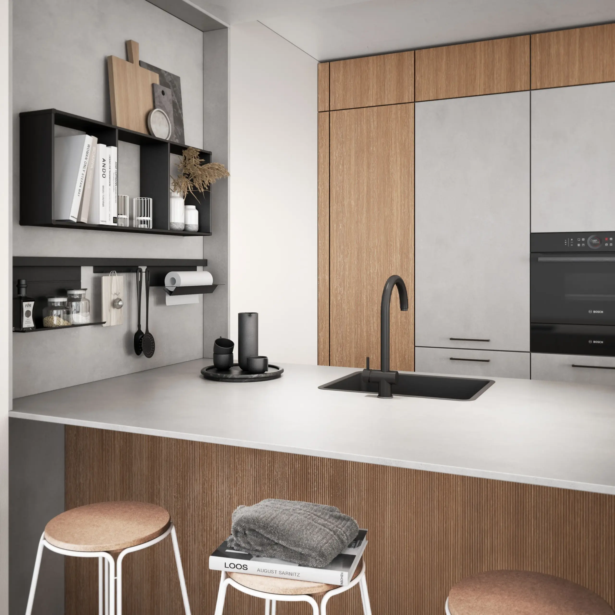 Cuisine contemporaine avec îlot central en bois texturé, plan de travail gris clair, robinetterie noire et étagères murales design avec accessoires de cuisine.