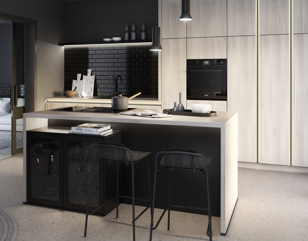Îlot de cuisine noir épuré encadré par des colonnes de rangement en bois clair texturé.