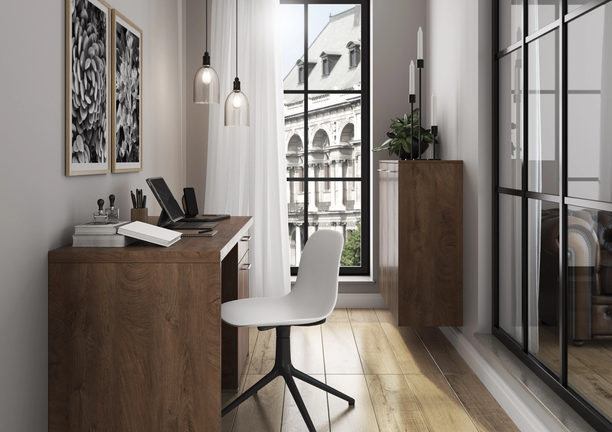 Coin bureau élégant : Bureau en bois foncé intégré dans un espace lumineux avec chaise design blanche et verrière d'intérieur.