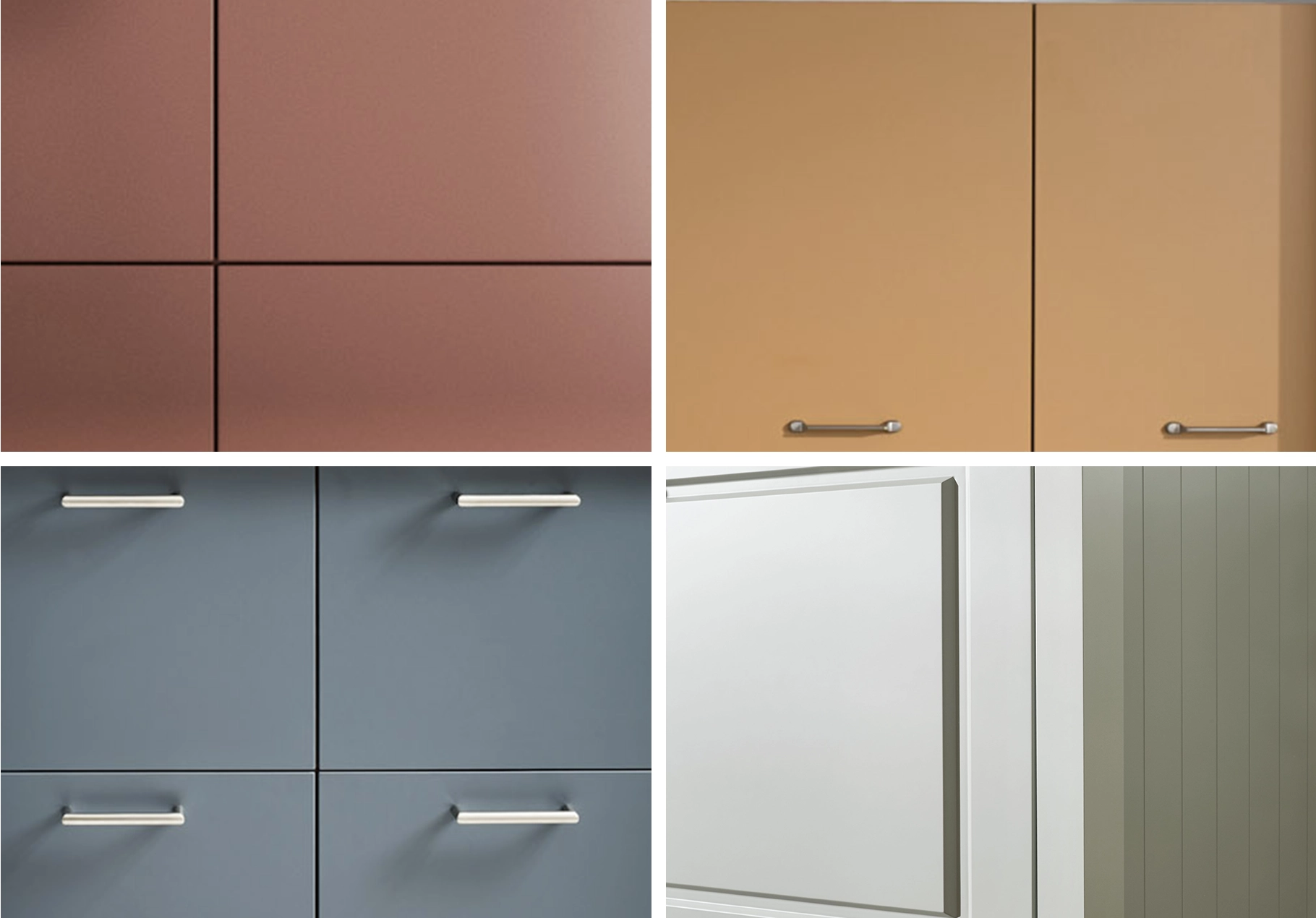 Nuancier de façades de meubles : Échantillons de finitions de placards en quatre coloris : vieux rose, ocre, bleu gris et blanc brillant.