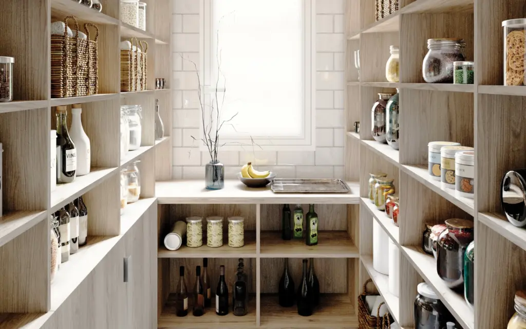 Aménagement de cellier sur mesure en bois clair avec étagères symétriques, paniers en osier et vue sur fenêtre.