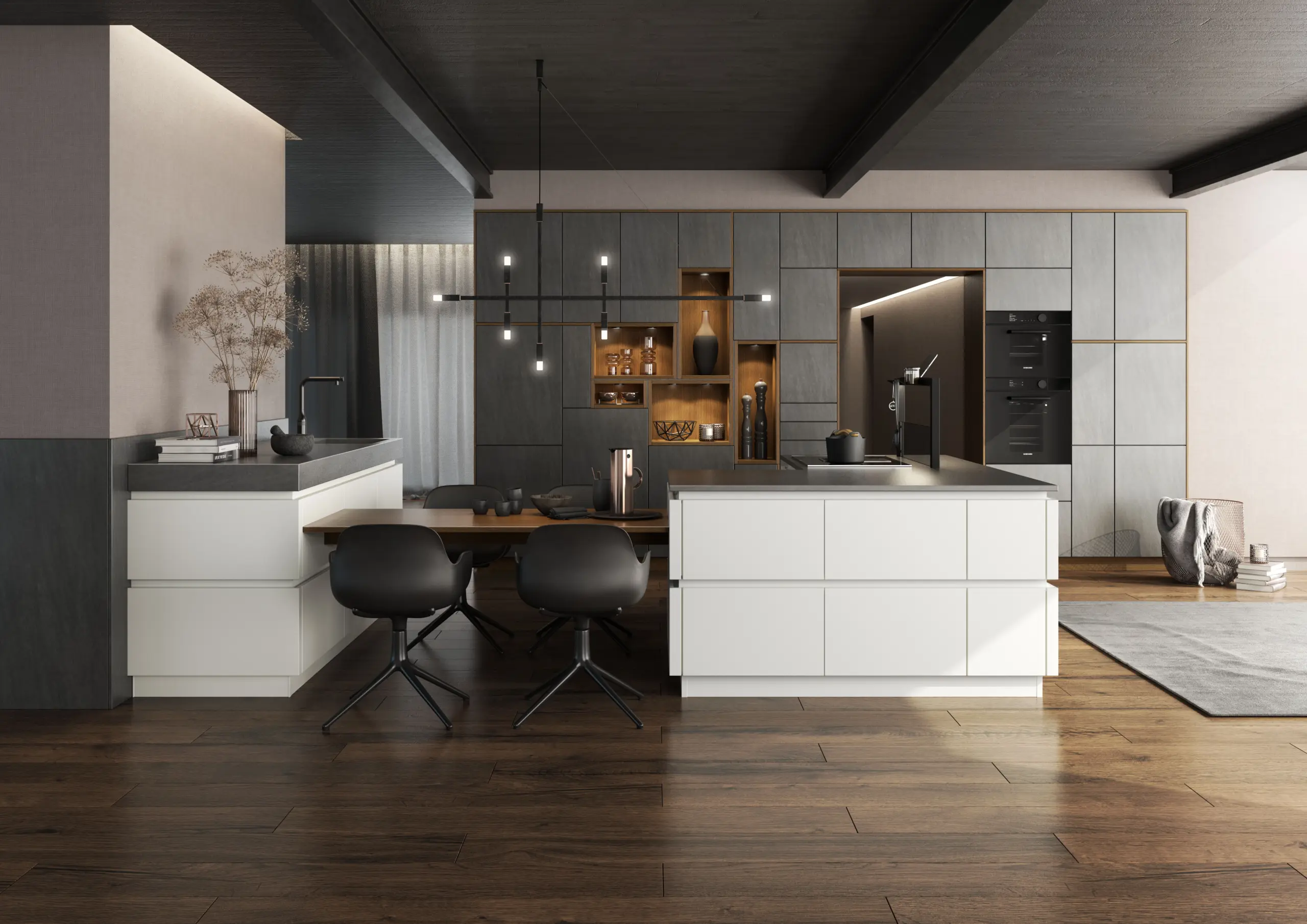Cuisine moderne haut de gamme avec îlot central blanc, façades gris anthracite et luminaire design suspendu.