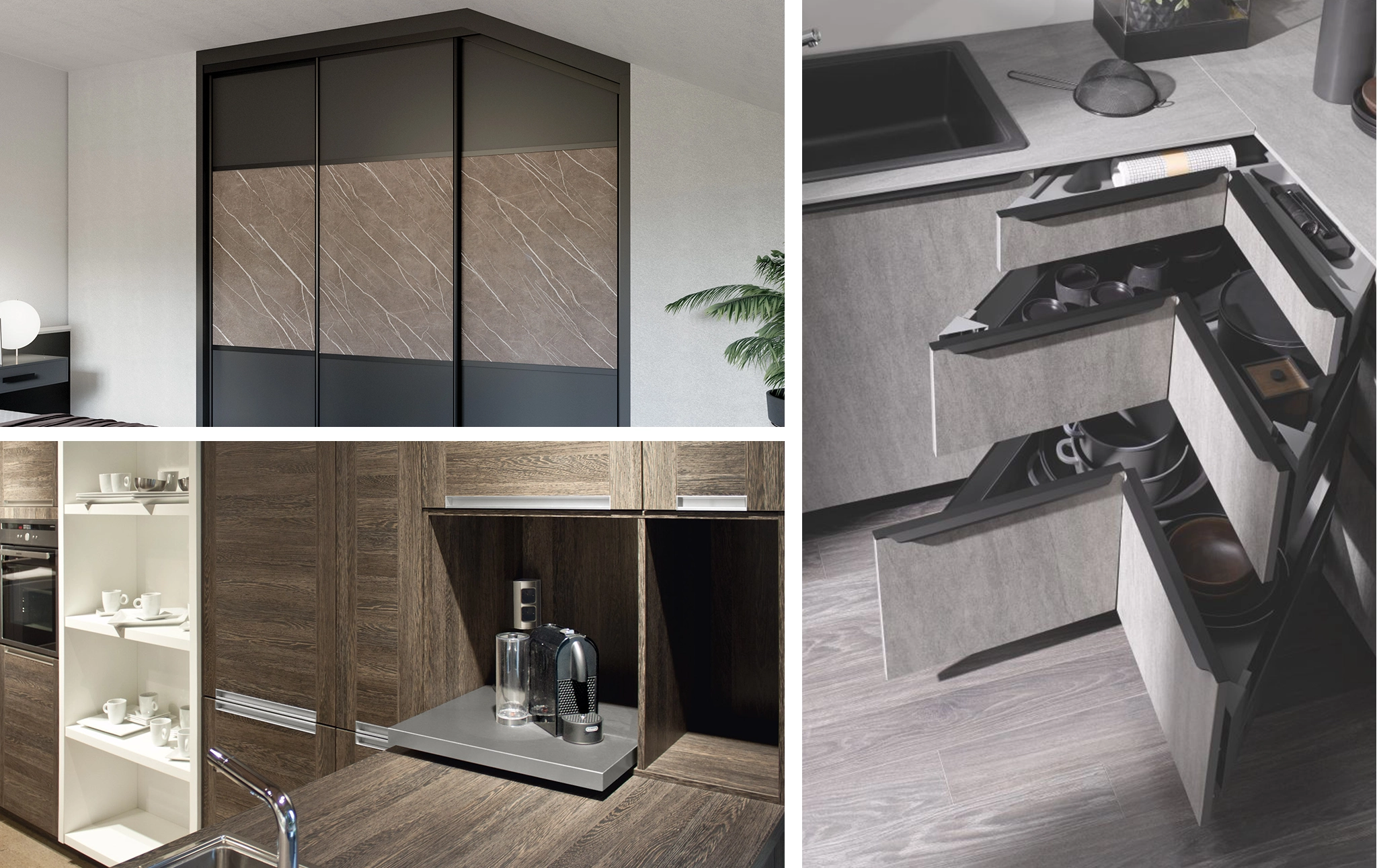 Détails de finitions de meubles sur mesure : placard coulissant marbré, tiroir d'angle optimisé et niche de cuisine.
