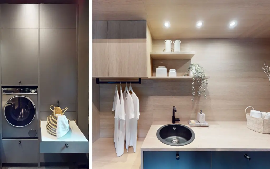 Montage photo buanderie : zoom sur tablette coulissante pour panier à linge et espace évier avec rangements bois.