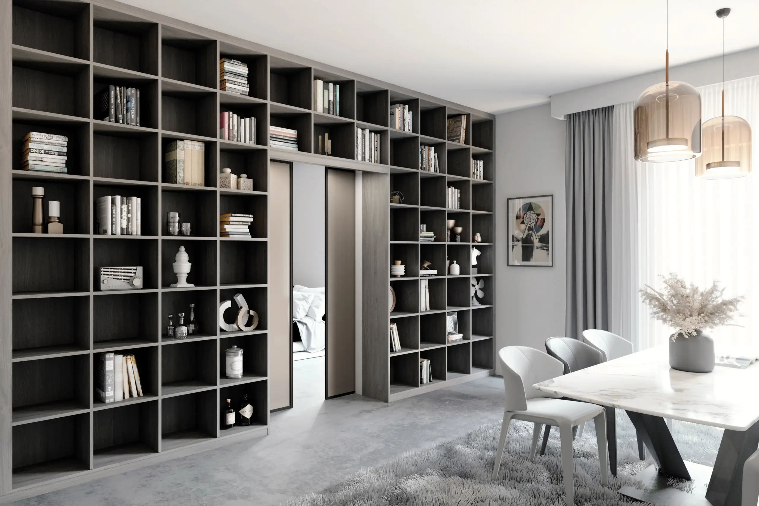 Bibliothèque murale monumentale : Grande étagère de rangement noire sur tout un pan de mur dans un salon moderne avec salle à manger.