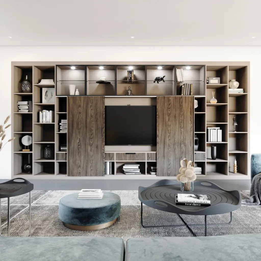 Grand meuble de salon sur mesure combinant bibliothèque ouverte, meuble TV et portes coulissantes en bois foncé.
