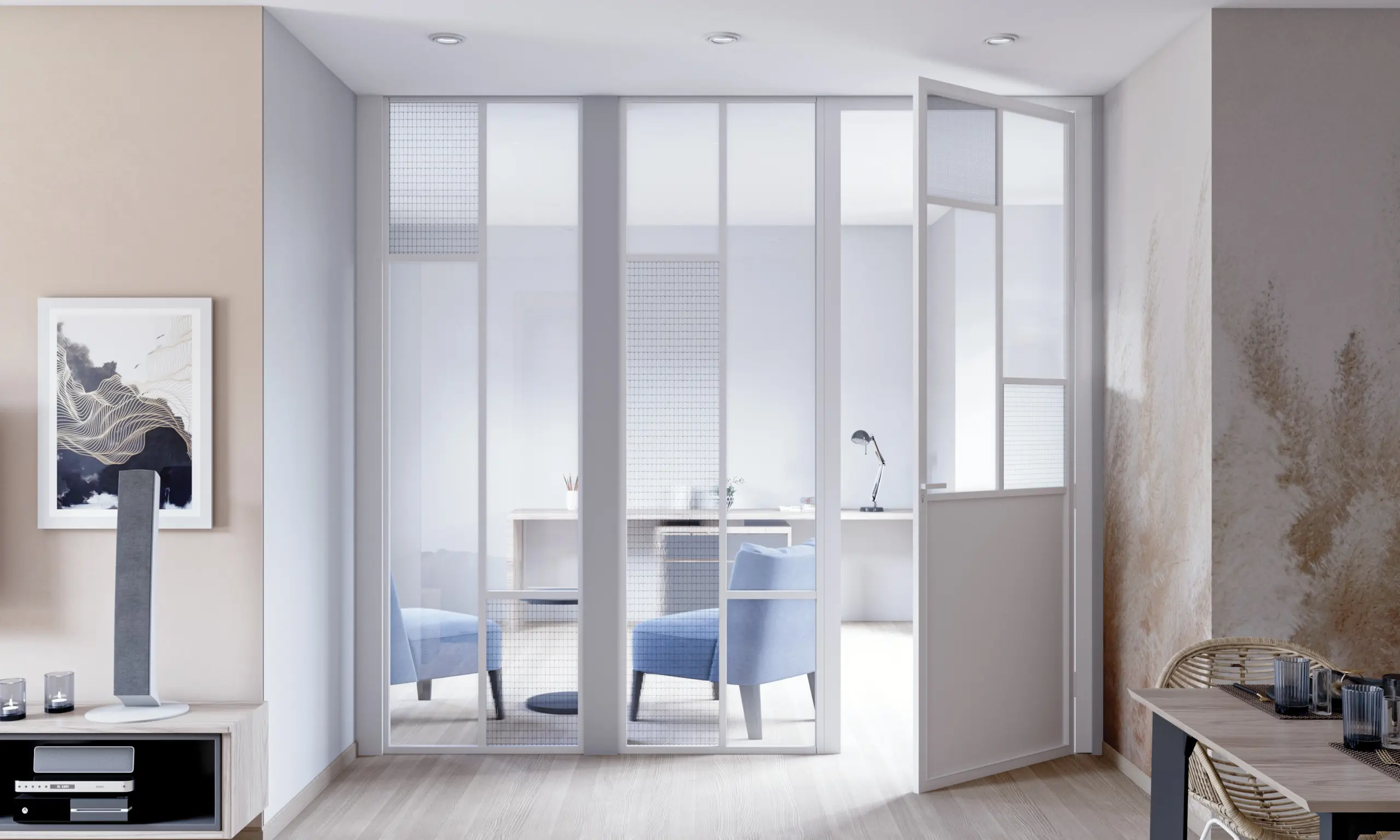 Verrière d'intérieur blanche de style atelier séparant un bureau d'un salon lumineux.