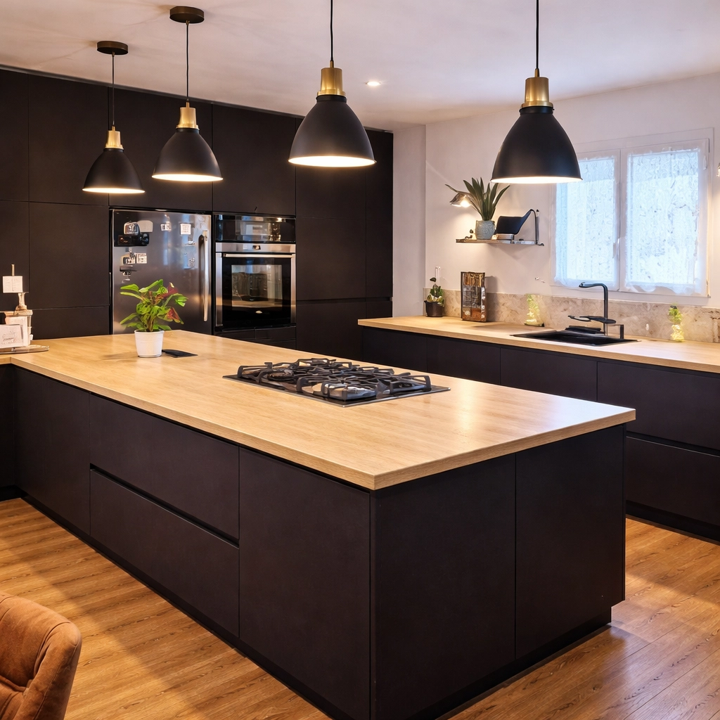 Vue d'ensemble d'une cuisine familiale moderne signée Venidom. Un grand îlot central noir mat avec plan de travail en bois clair accueille une plaque de cuisson gaz. Quatre suspensions noires et dorées illuminent l'espace. En arrière-plan, un mur d'armoires colonnes noires intègre un four et un réfrigérateur américain.