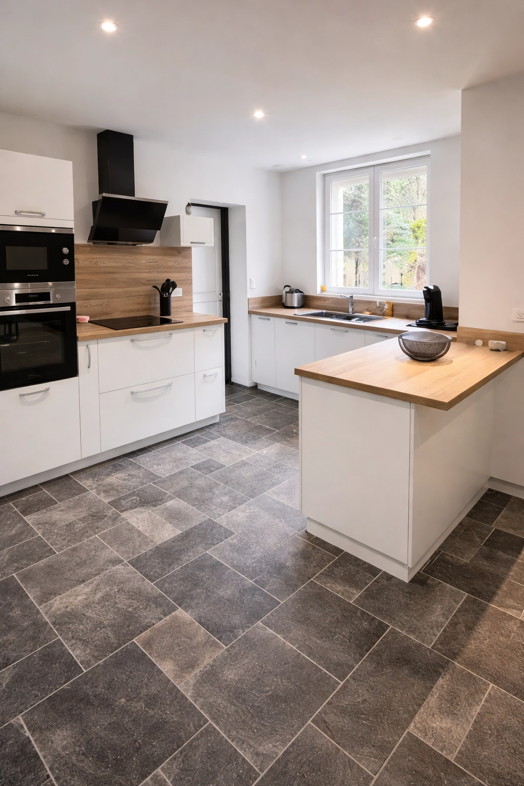 Vue d'ensemble d'une cuisine familiale optimisée par Pierre Pennant (Venidom). Le contraste entre les meubles blancs minimalistes, le plan de travail en bois chaleureux et le sol en grands carreaux de pierre grise crée un espace de vie moderne et accueillant. L'éclairage est assuré par des spots encastrés au plafond.