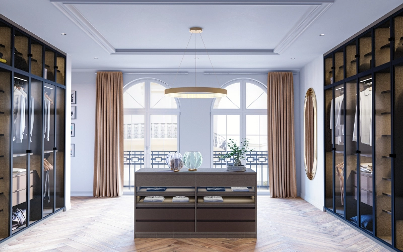 Grand dressing sur mesure dans une pièce dédiée avec rangements