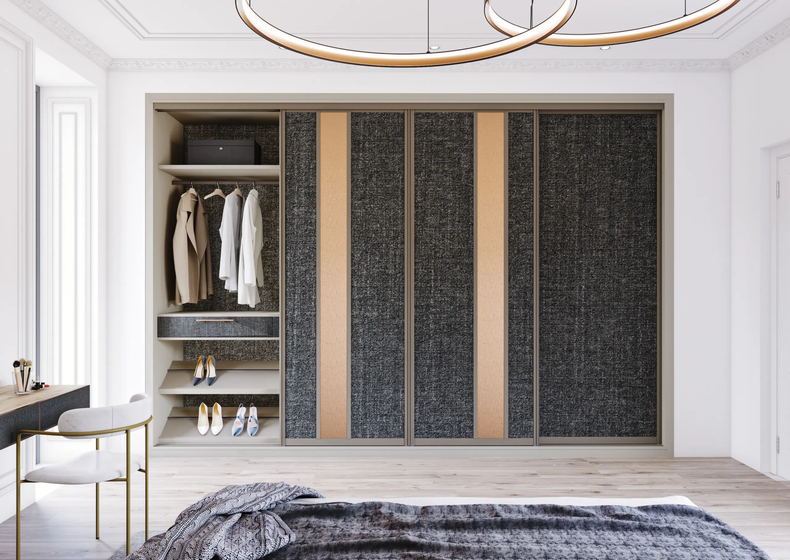 Dressing sur mesure avec portes coulissantes et rangements intégrés dans une chambre