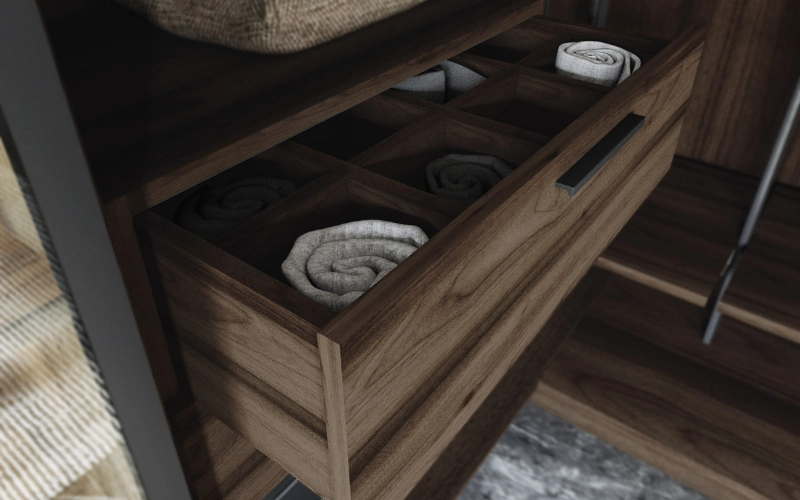 Tiroir de rangement dans un dressing sur mesure pour accessoires