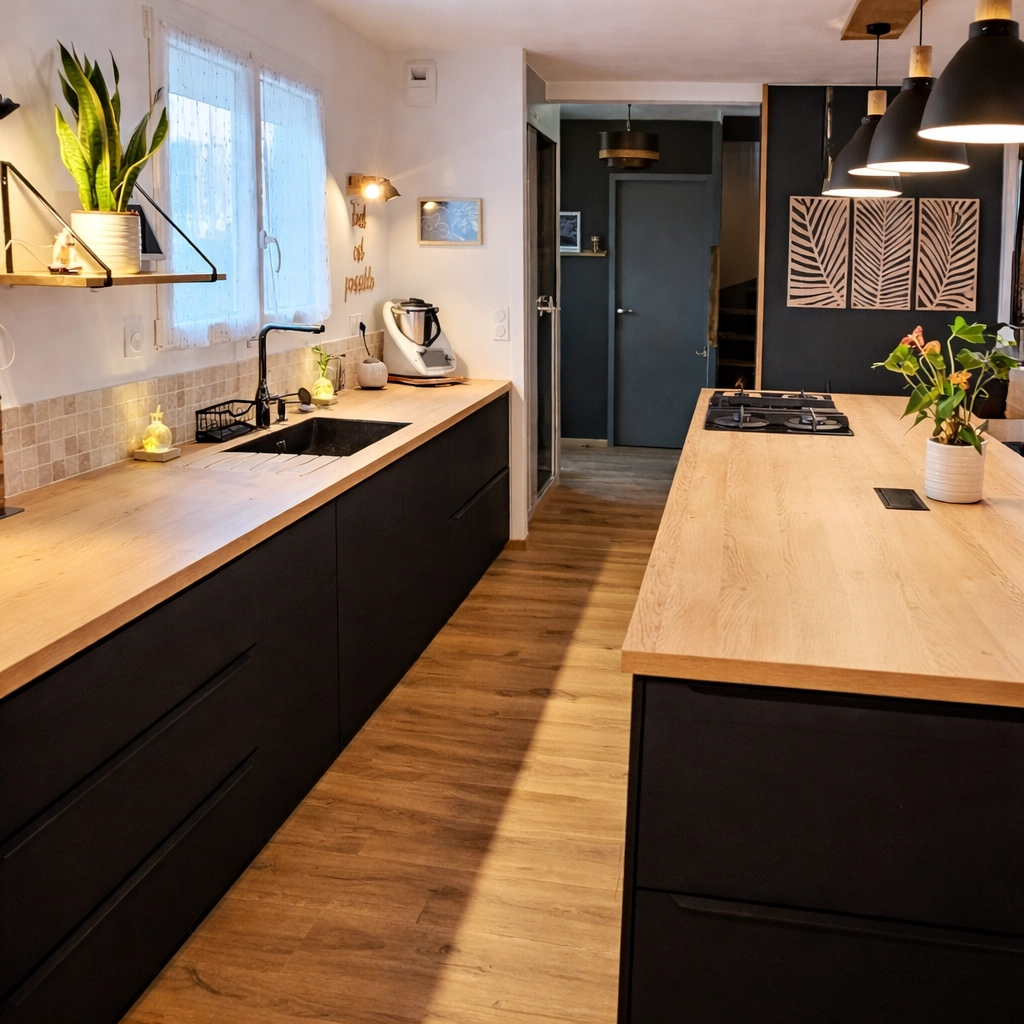 Vue en perspective d'un long plan de travail en bois clair avec un évier noir encastré sous plan et un mitigeur noir élégant. La cuisine présente des façades noir mat sans poignées pour un rendu épuré. Une fenêtre apporte de la lumière naturelle sur la zone de préparation.