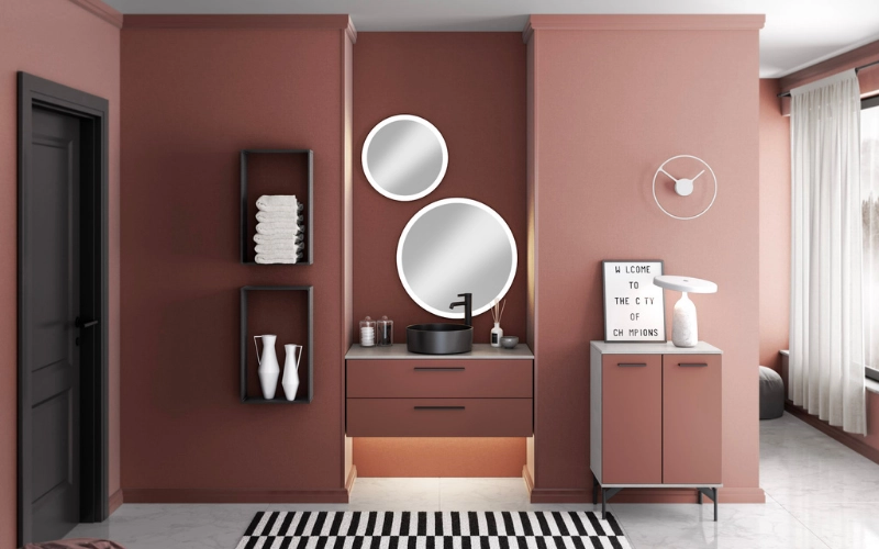salle de bains couleur terracotta avec meuble vasque moderne et durable