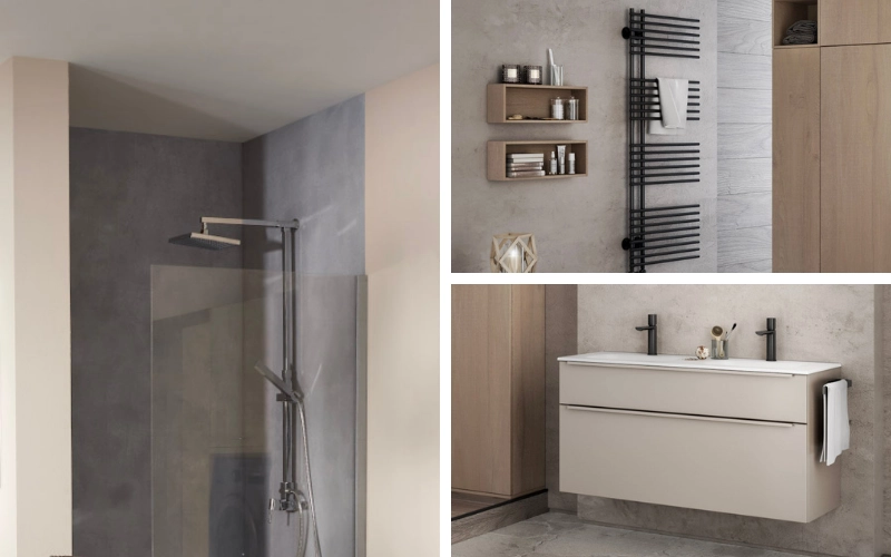 salle de bains moderne avec douche et meuble bois durable