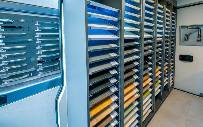 Échantillons de matériaux et façades dans le camion magasin Venidom