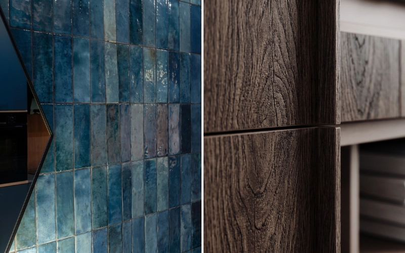 Détails de matières salon 2026 avec bois texturé et carrelage décoratif pour une ambiance chaleureuse