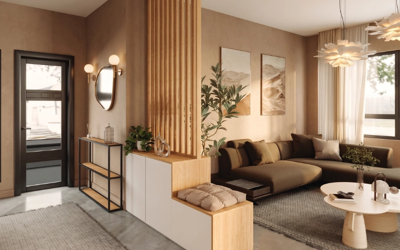 Salon 2026 chaleureux avec séparation en bois, canapé confortable et décoration naturelle