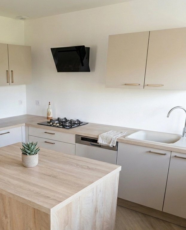 Vue détaillée d'une petite cuisine beige et bois avec évier blanc, plaque de cuisson gaz et lave-vaisselle encastré, mettant en avant l'îlot central monolithique en bois qui optimise l'espace de préparation.