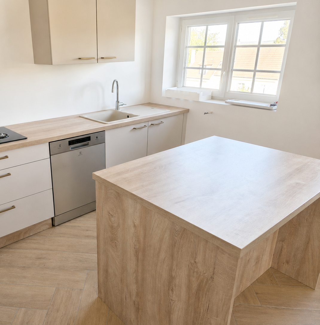 Cuisine-Beige-Ilot-Central-Bois-Amenagement-Interieur-Sur-Mesure