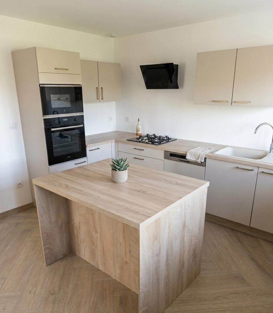 Cuisine sur mesure Venidom avec meubles colonnes intégrant le four et le micro-ondes, associée à des rangements hauts beige pour maximiser la verticalité et le stockage sans encombrer l'espace au sol.