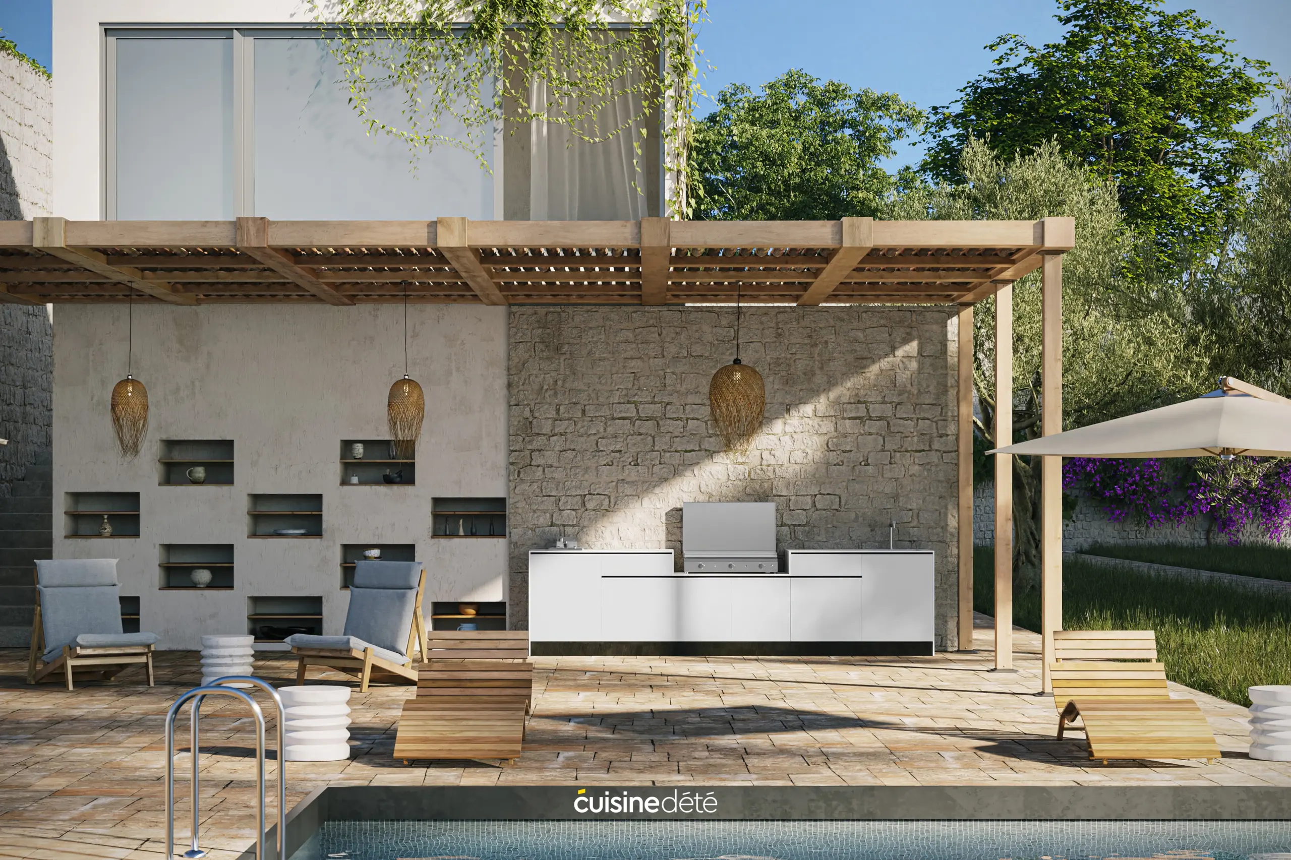Cuisine d'été moderne sur une terrasse avec piscine et pergola