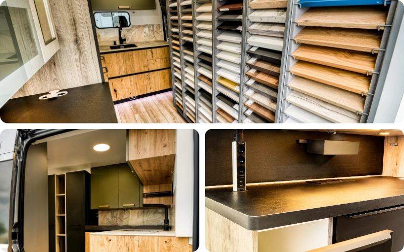 Montage photo présentant les détails de l'agencement intérieur d'un camion Venidom, incluant une bibliothèque d'échantillons de matériaux, une cuisine équipée et des prises électriques intégrées.