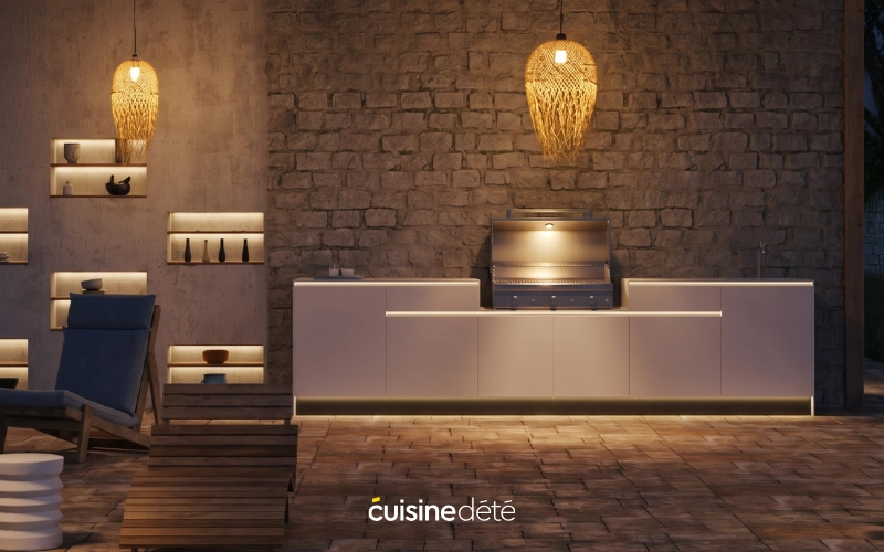 Cuisine d'été équipée avec éclairage LED indirect pour soirée