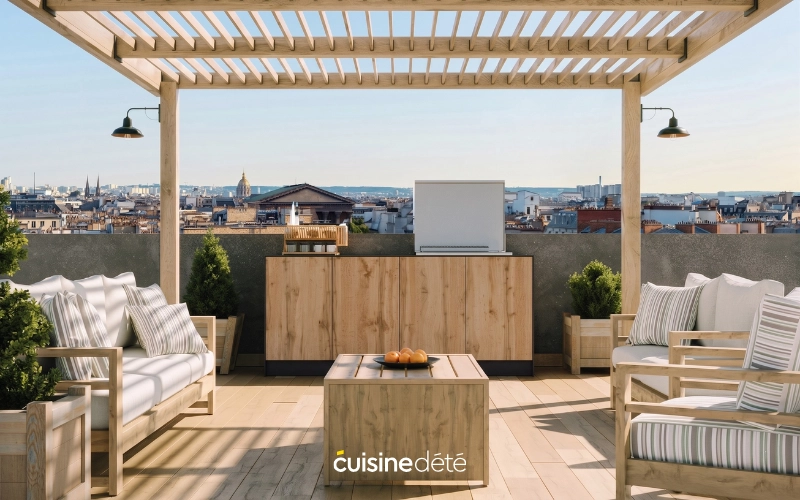 Aménagement de cuisine d'été moderne sur une terrasse avec vue urbaine