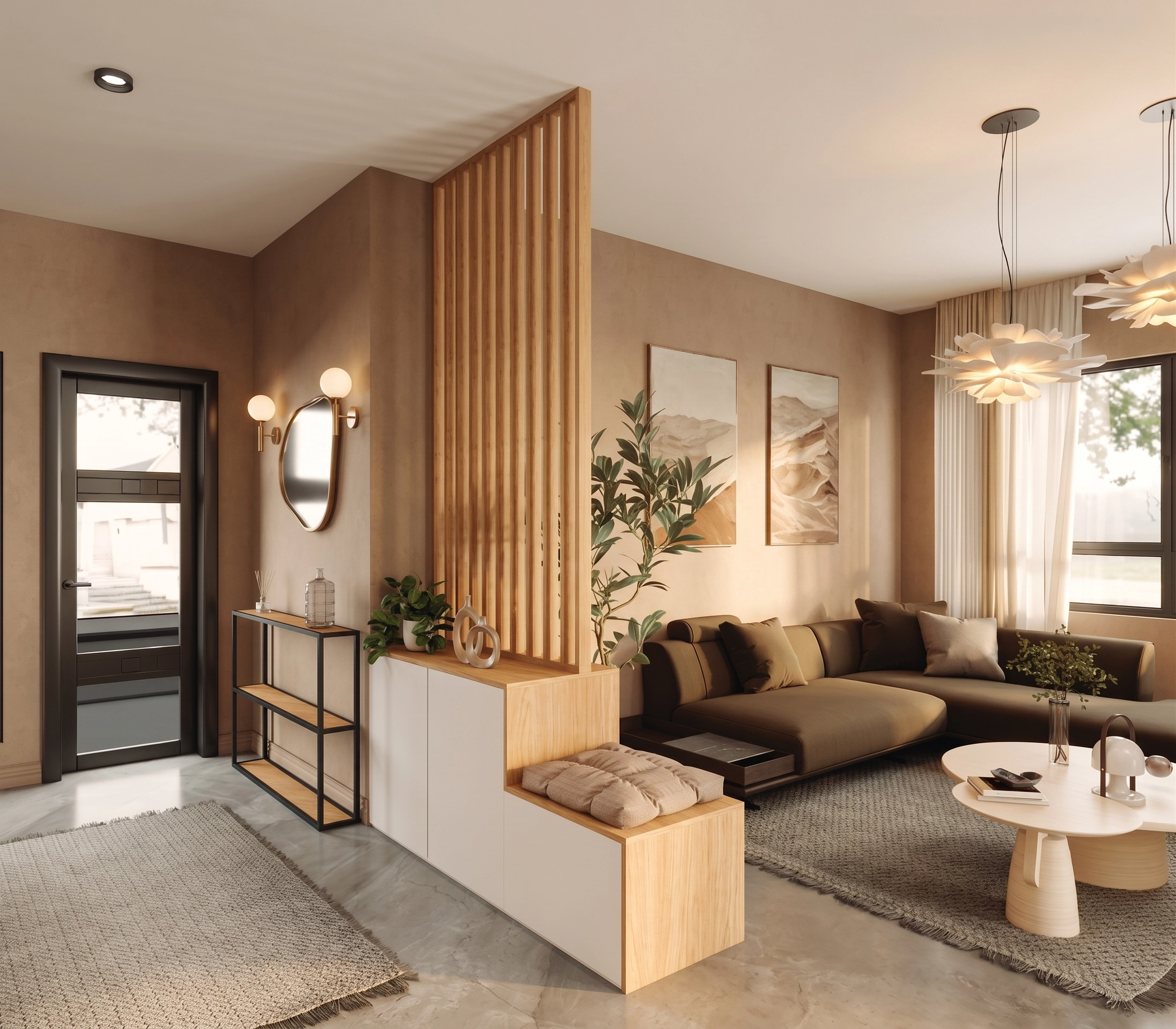Aménagement d'une entrée de maison chaleureuse ouverte sur le salon avec claustra en bois et meuble de rangement fonctionnel