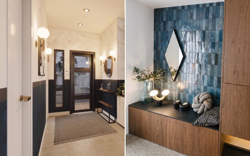 Idées de décoration d'entrée moderne avec soubassement noir ou mur en zellige bleu brillant et miroir géométrique