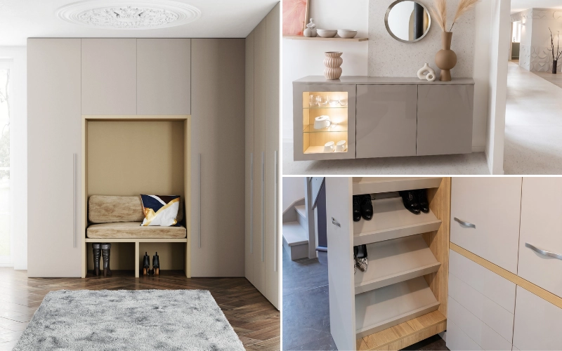 Idées de meubles de rangement sur mesure pour l'entrée vestiaire complet avec assise buffet suspendu et meuble à chaussures malin