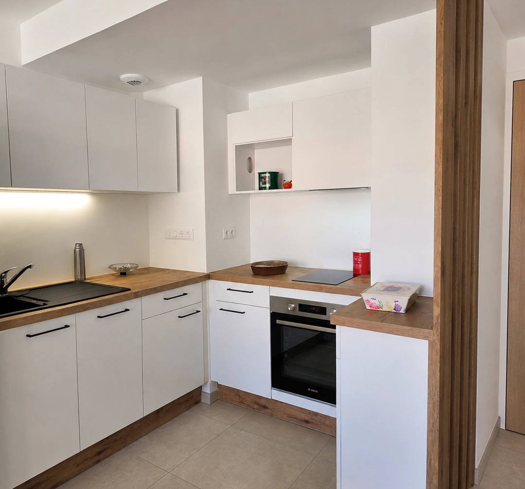 Petite cuisine en U blanche et bois