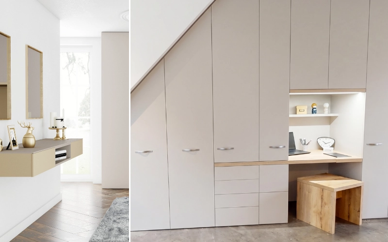 Placard de rangement sur mesure sous escalier avec espace bureau intégré et console suspendue design pour optimiser l'entrée